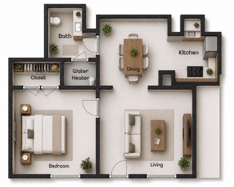 Floor plan for 1 bed, 1 bath, 525 sqft